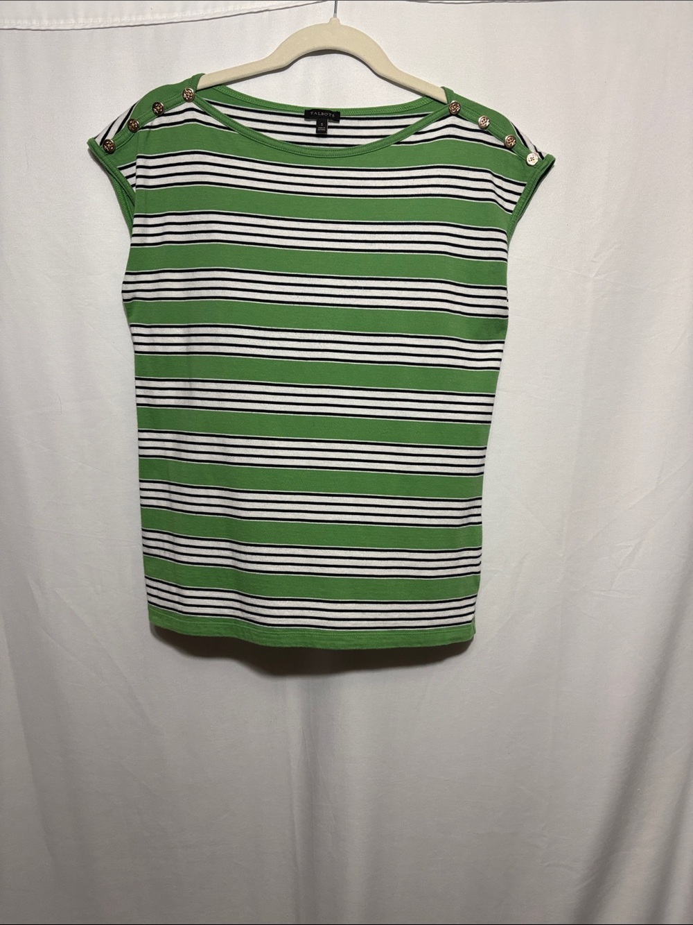 Talbots Green & White Striped Button-Shoulder Tank